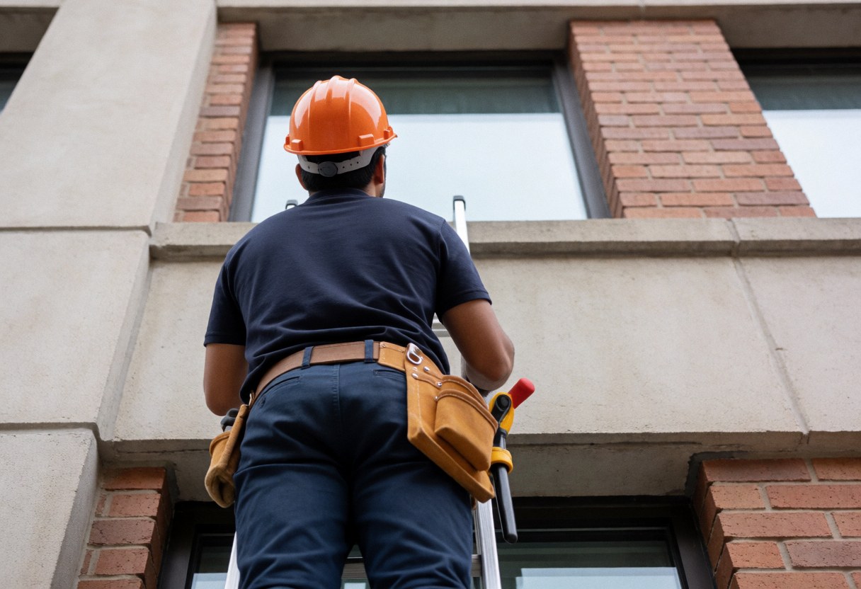 Un technicien équipé d'un casque et d'une ceinture à outils sur une échelle répare une fenêtre de verre dans un bâtiment commercial.