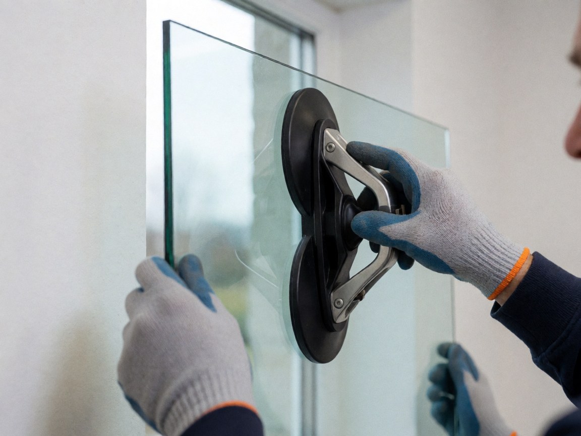 Une main portant un gant de travail tient un panneau de verre à l'aide d'une ventouse. L'outil adhère fermement au verre. Le fond présente un mur blanc et une fenêtre floue, illustrant un travail professionnel de