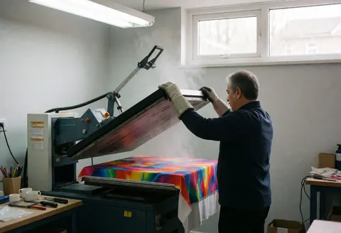 Un opérateur portant des gants soulève le couvercle d'une presse thermique, révélant un tissu aux couleurs vives avec de la vapeur s'échappant du matériau chaud dans un atelier.