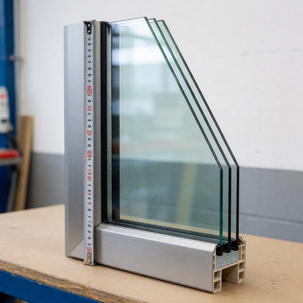 Unité de double vitrage montrant le cadre en aluminium, les deux feuilles de verre et l'espacement, posée sur une table dans un atelier.