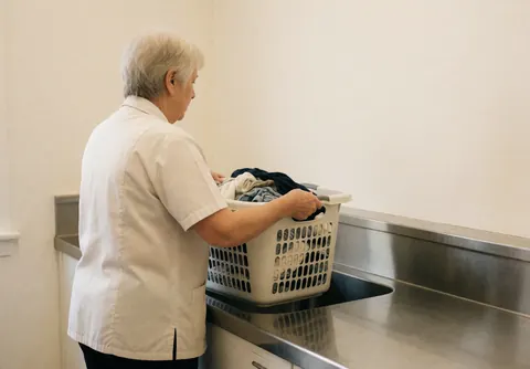 Une employée de laverie reçoit un panier rempli de linge sale sur un comptoir en acier inoxydable dans un environnement propre et professionnel.