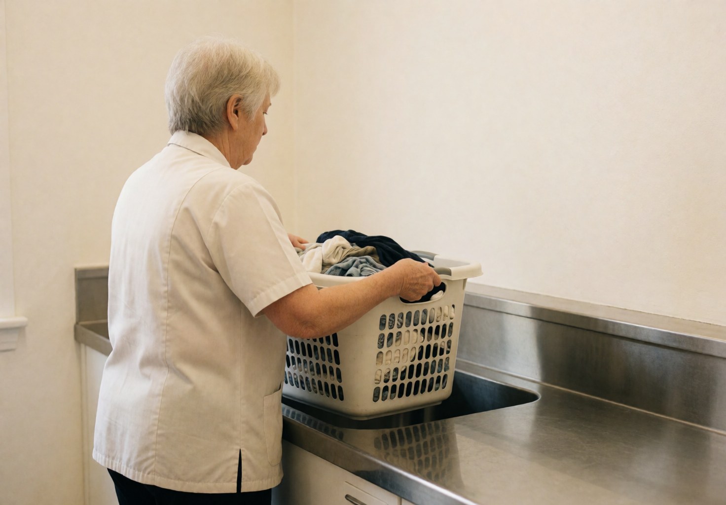 Une employée de laverie reçoit un panier rempli de linge sale sur un comptoir en acier inoxydable dans un environnement propre et professionnel.