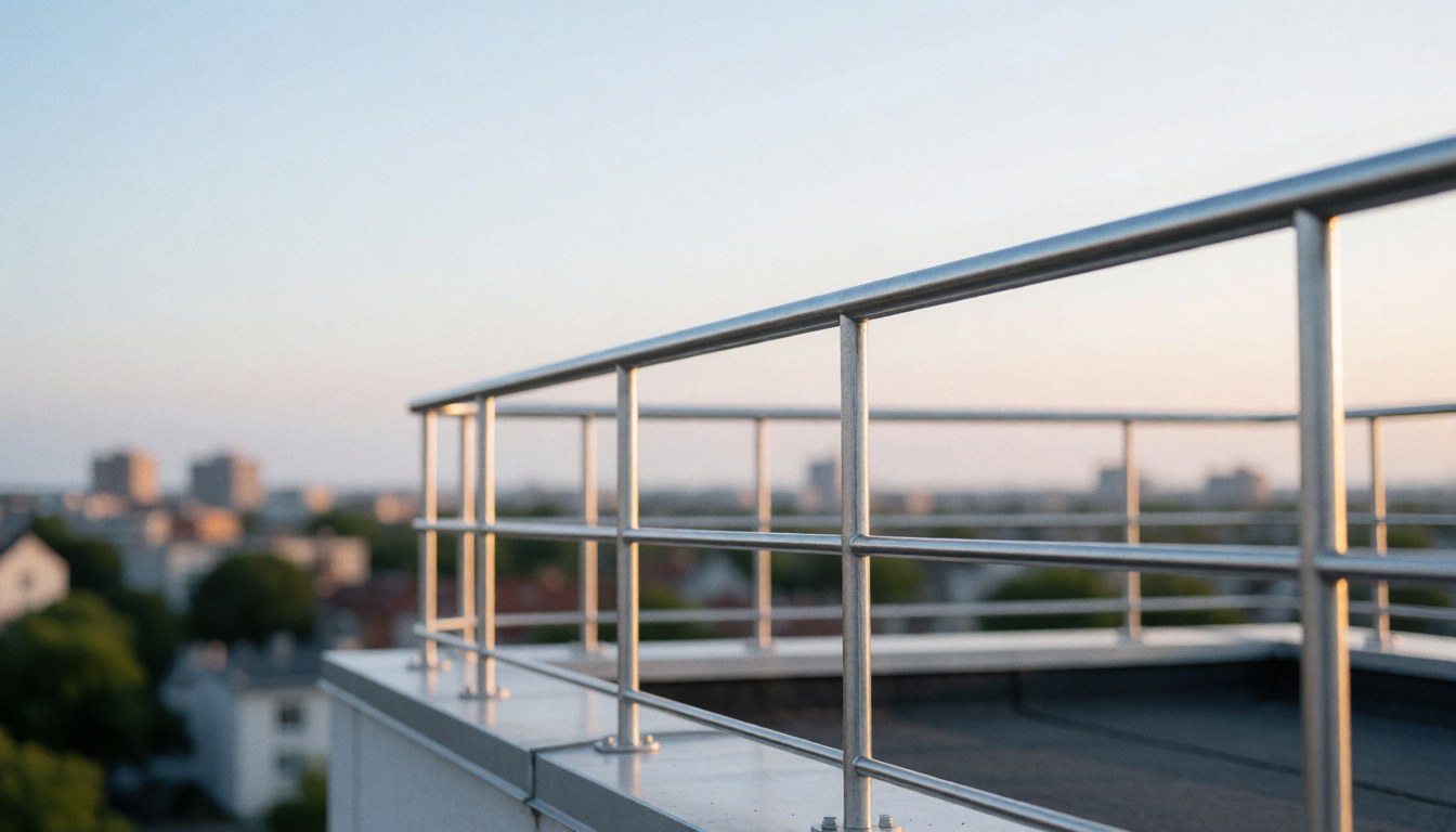 Garde-corps métallique sur un toit plat avec un fond urbain, idéal pour les services de maintenance. Scène calme au coucher du soleil avec des bâtiments en arrière-plan.