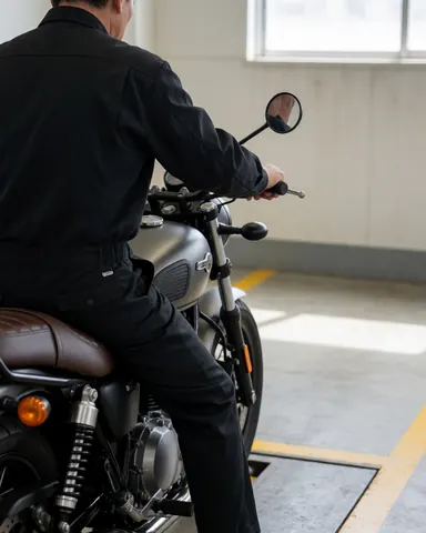 Un mécanicien examine une moto dans un atelier éclairé par la lumière naturelle, avec des détails du moteur et du siège en cuir visibles.