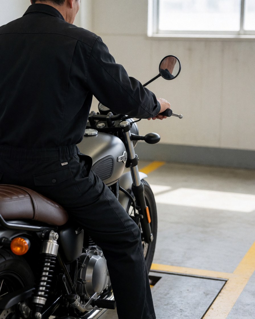 Un mécanicien examine une moto dans un atelier éclairé par la lumière naturelle, avec des détails du moteur et du siège en cuir visibles.