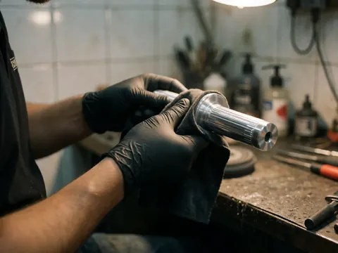Une main portant un gant noir polissant un tube d'aluminium brillant dans un atelier de moto, avec des outils et des produits de polissage en arrière-plan flou.