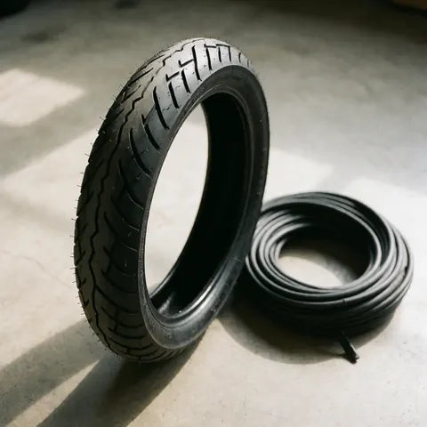Pneu de moto neuf accompagné d'une chambre à air enroulée posée sur un sol en béton éclairé par la lumière naturelle, adapté pour un catalogue de pièces détachées.