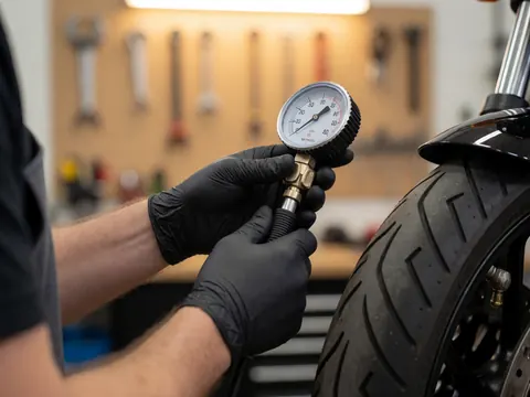 Un technicien ajuste un manomètre sur la jante d'une moto dans un atelier avec des outils en arrière-plan.