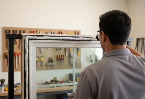 Un technicien applique du mastic sur un cadre de fenêtre dans un atelier organisé avec des outils suspendus au mur sur fond flou.