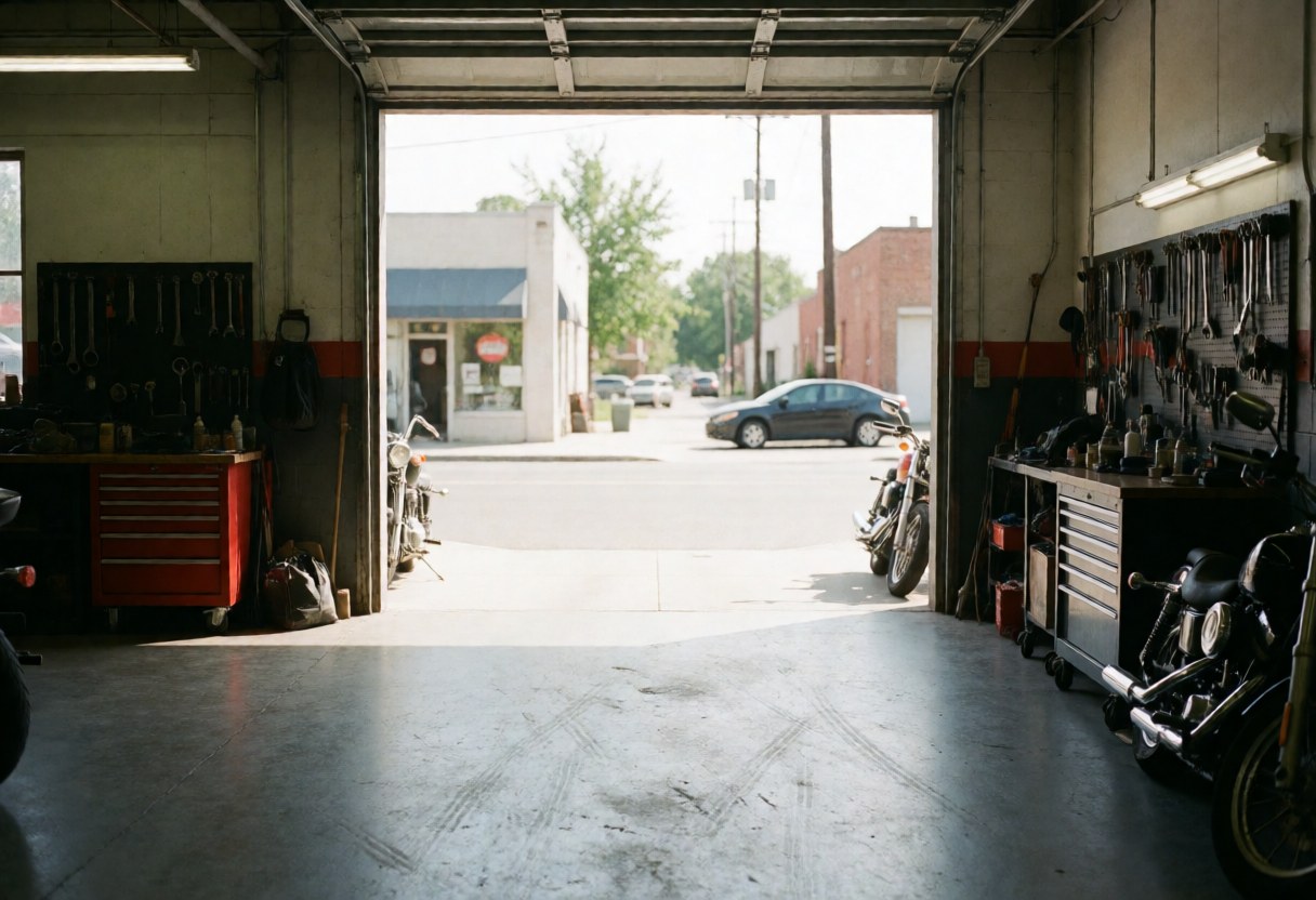 Façade et intérieur d'un garage de motos. Outils suspendus au mur, sol en béton marqué par des pneus, motos stationnées et rue avec voitures en arrière-plan.