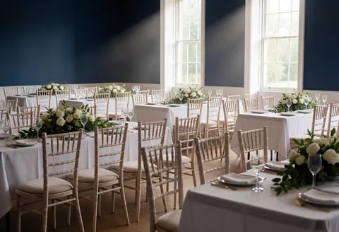 Salle d'événements pour mariages avec tables couvertes de nappes blanches, chaises en bois clair, centres de fleurs blanches, murs bleu foncé et lumière naturelle par les fenêtres.