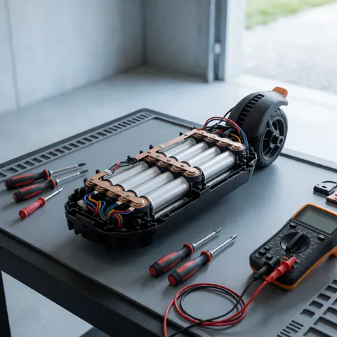 Batterie de scooter électrique démontée posée sur une table de travail, entourée de tournevis et d'un multimètre dans un atelier aux murs en béton.
