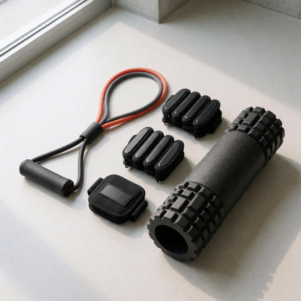 Ensemble d'outils de physiothérapie sportive comprenant une bande élastique, un rouleau de mousse et des haltères pour la récupération à domicile ou en clinique.