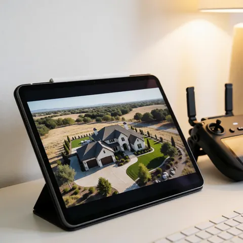 Une tablette sur un bureau en bois affiche une vidéo aérienne d'une villa moderne, à côté d'un contrôleur de drone dans un bureau éclairé par une lumière chaude.