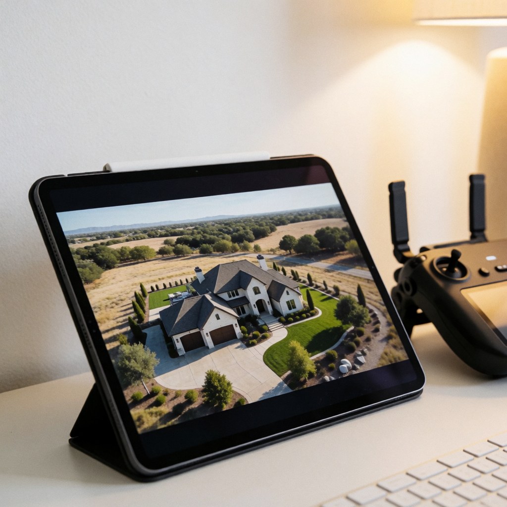 Une tablette sur un bureau en bois affiche une vidéo aérienne d'une villa moderne, à côté d'un contrôleur de drone dans un bureau éclairé par une lumière chaude.
