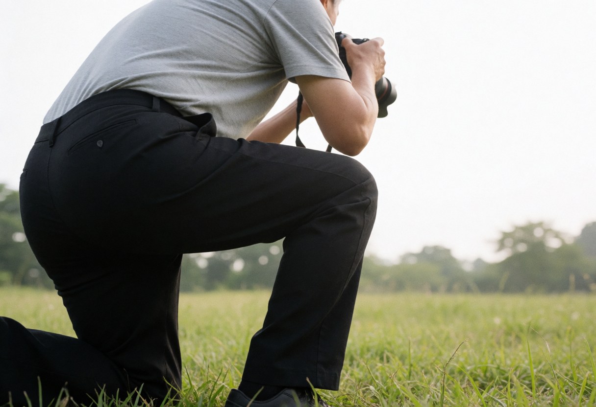 Un photographe professionnel est agenouillé dans un champ verdoyant, capturant des images avec un appareil photo reflex. La lumière naturelle et douce éclaire la scène, illustrant un service de photographie en action.