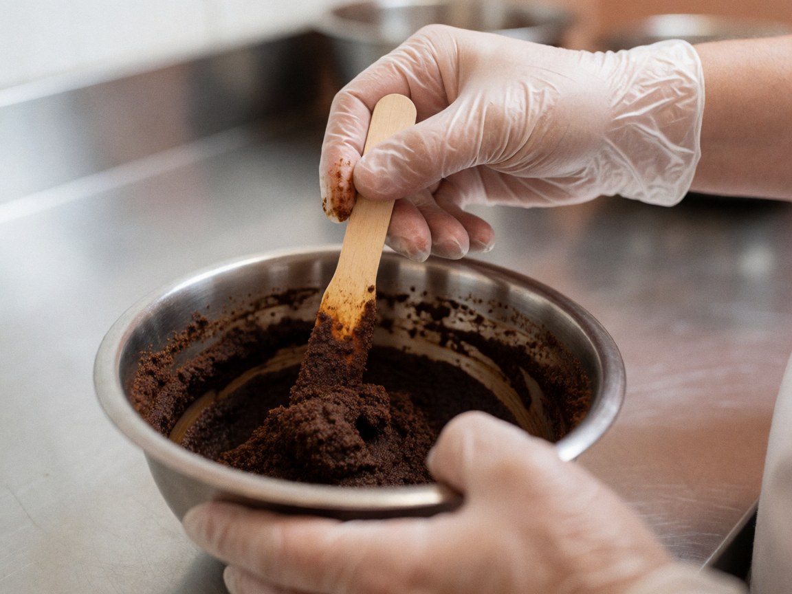 Une main portant un gant en nitrile mélange une pâte de café et de cacao dans un récipient métallique sur une table en acier inoxydable.