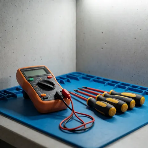 Multimètre numérique et tournevis isolés posés sur un tapis d'outils bleu dans un environnement de travail avec murs en béton.