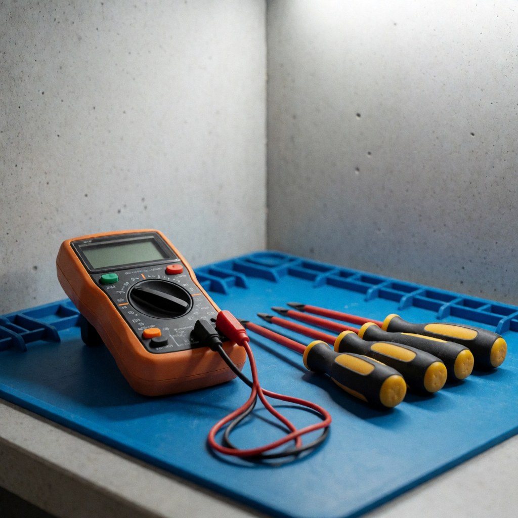Multimètre numérique et tournevis isolés posés sur un tapis d'outils bleu dans un environnement de travail avec murs en béton.