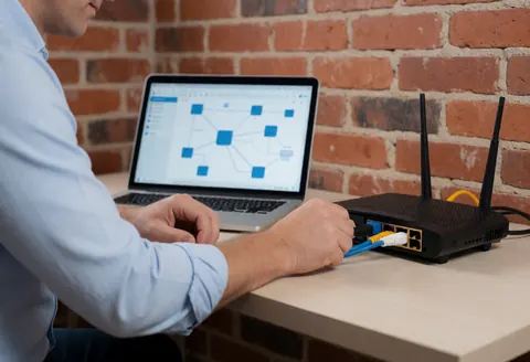 Un technicien configure un réseau domestique en connectant un câble sur un routeur. Un ordinateur portable affiche un diagramme de réseau. Un bureau propre et un mur de briques rouges sont visibles.