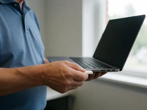 Une main adulte branche un périphérique usb blanc sur le port d'un ordinateur portable noir dans un bureau baigné de lumière naturelle.