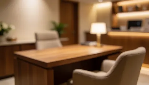 Bureau en bois avec chaise confortable dans un bureau éclairage chaleureux idéal pour textes ou logos sans personnes ni détails nets