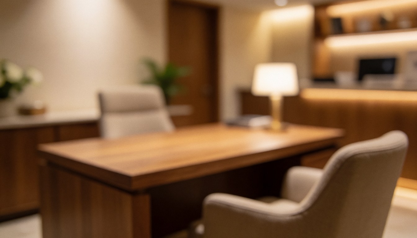 Bureau en bois avec chaise confortable dans un bureau éclairage chaleureux idéal pour textes ou logos sans personnes ni détails nets