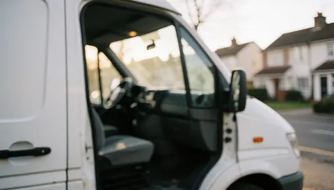 Intérieur flou d'un véhicule blanc à porte ouverte sur fond de rue résidentielle, éclairage chaleureux et bokeh, idéal pour textes de services.