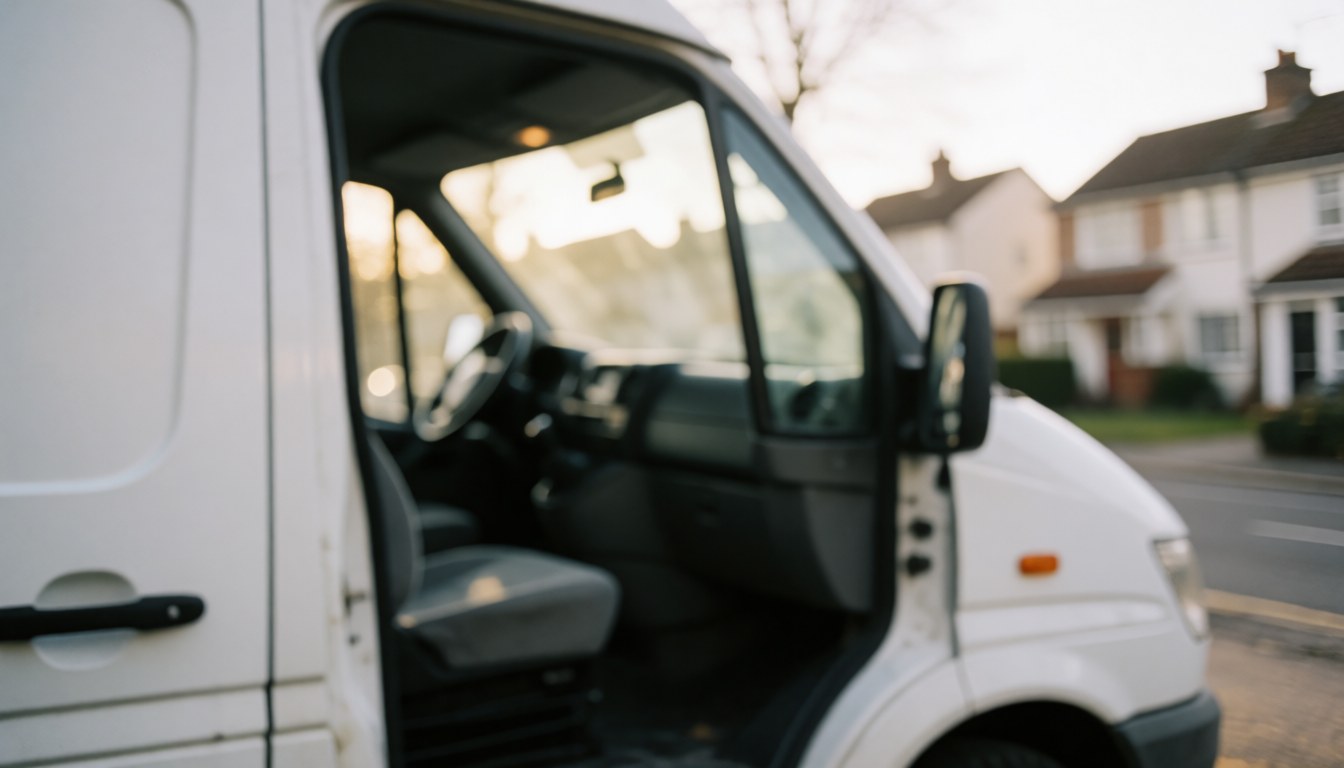 Intérieur flou d'un véhicule blanc à porte ouverte sur fond de rue résidentielle, éclairage chaleureux et bokeh, idéal pour textes de services.