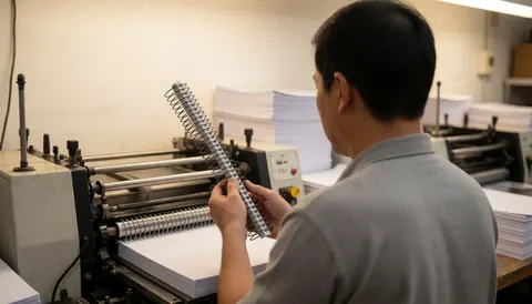 Un ouvrier examine une agrafe métallique sur une machine de reliure industrielle avec des piles de papier en arrière-plan sous un éclairage réaliste et chaleureux.