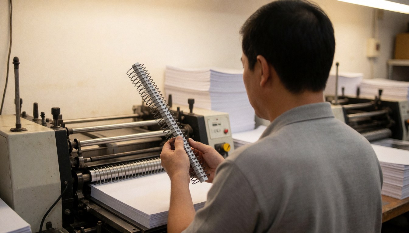 Un ouvrier examine une agrafe métallique sur une machine de reliure industrielle avec des piles de papier en arrière-plan sous un éclairage réaliste et chaleureux.