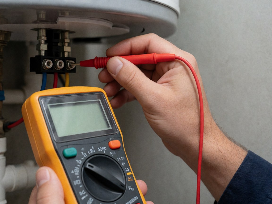Technicien utilisant un multimètre digital pour inspecter la connexion électrique d'un chauffe-eau dans une pièce technique avec tuyaux apparents et murs en béton.