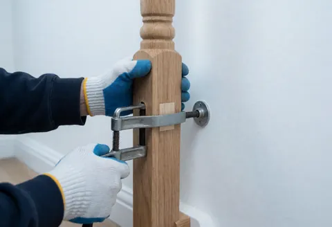 Une main portant un gant ajuste une cheville en bois à l'aide d'une pince sur un fond blanc, illustrant un travail de réparation précis avec des outils métalliques.