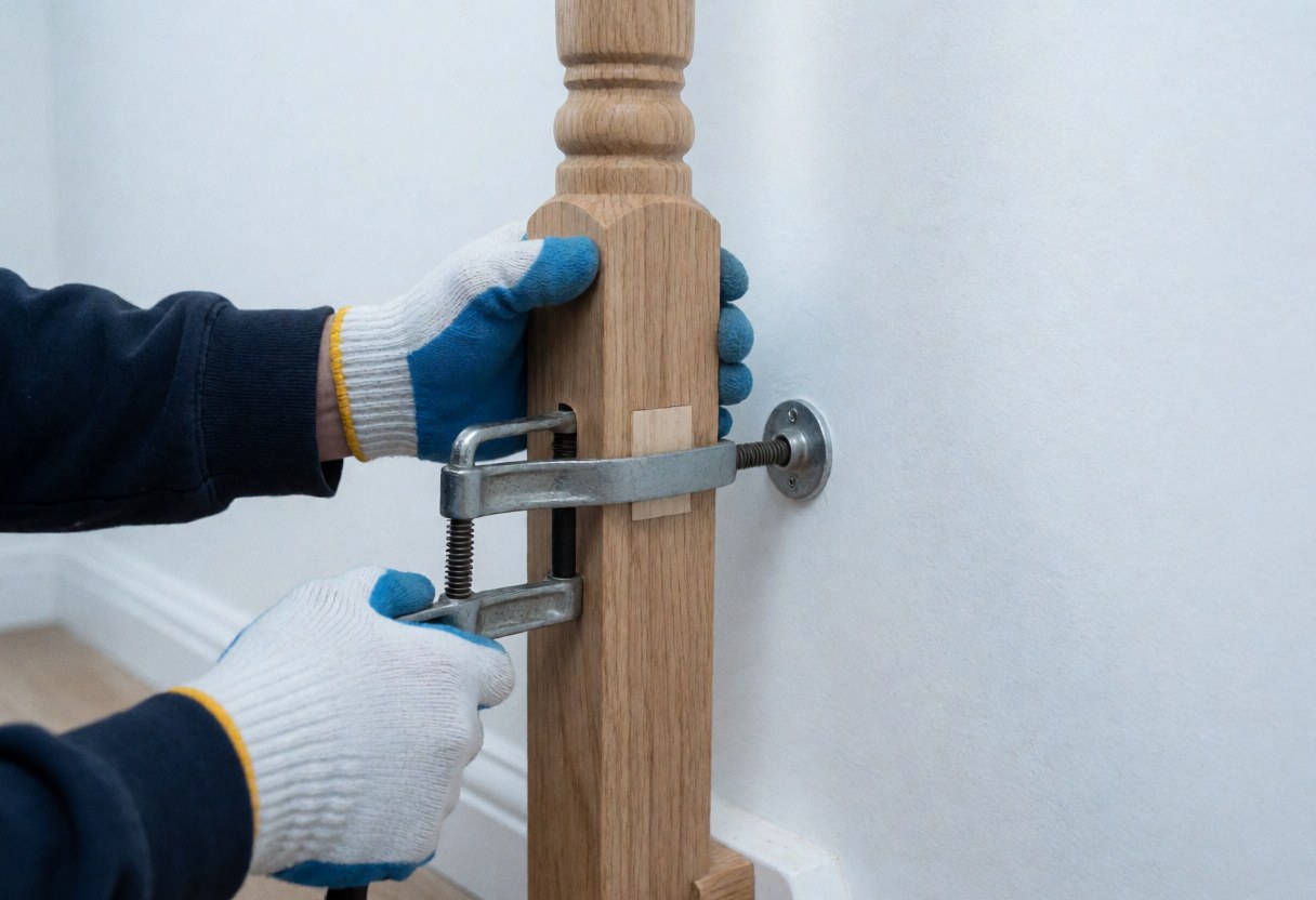 Une main portant un gant ajuste une cheville en bois à l'aide d'une pince sur un fond blanc, illustrant un travail de réparation précis avec des outils métalliques.