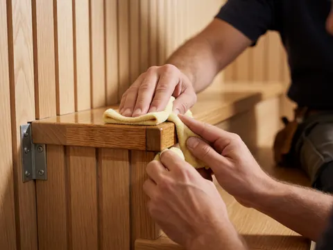 Une main utilise un outil pour appliquer un revêtement protecteur sur le bord d'une échelle en bois, mettant en valeur la texture du bois.