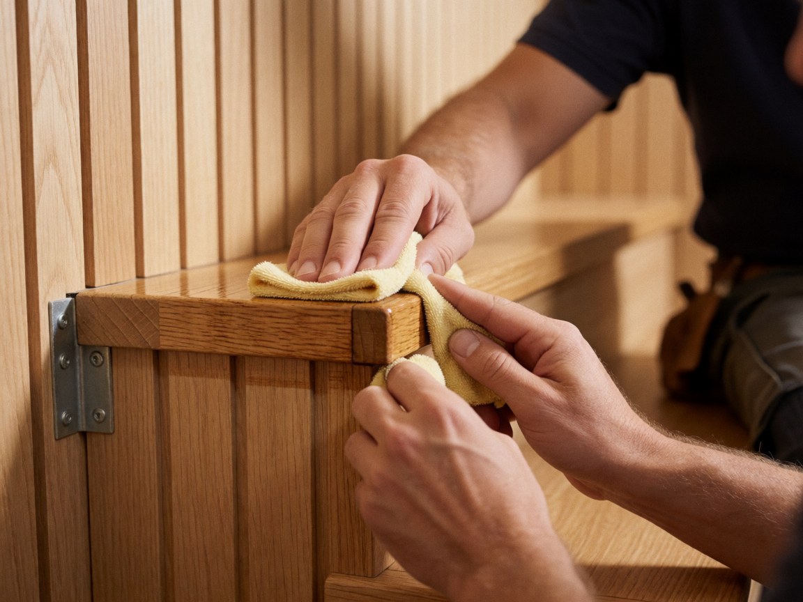 Une main utilise un outil pour appliquer un revêtement protecteur sur le bord d'une échelle en bois, mettant en valeur la texture du bois.