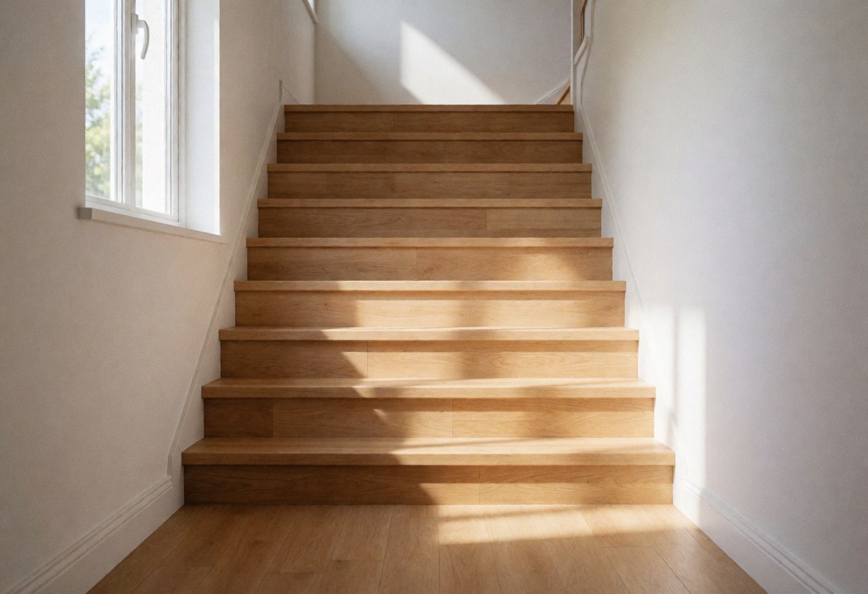 Des escaliers en bois clair dans un couloir intérieur, éclairés par la lumière du soleil entrant par une fenêtre, murs blancs et ambiance propre et accueillante.