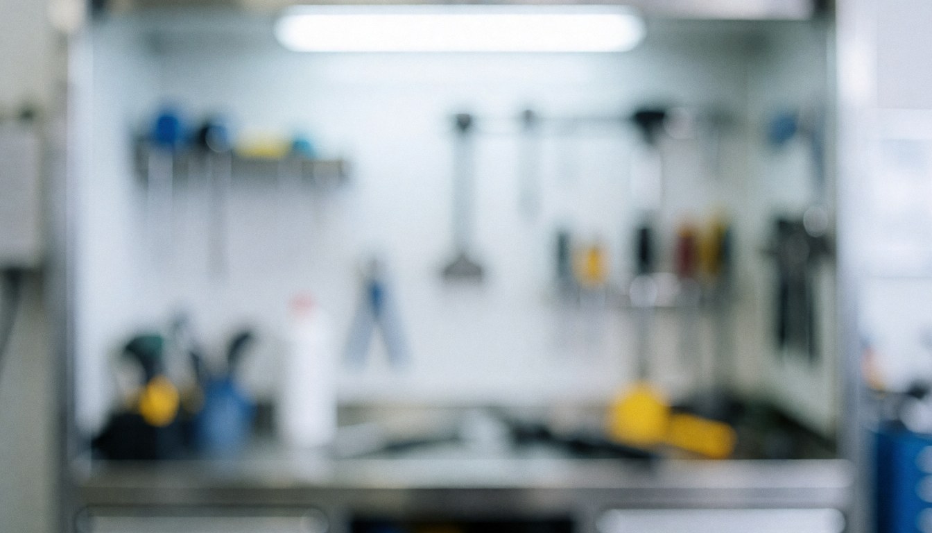 Arrière-plan flou d'un atelier de réparation avec des outils suspendus et une table de travail, éclairé par une lumière froide et neutre, idéal pour du texte.