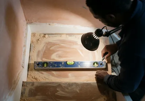Un professionnel vérifie l'horizontalité d'une marche fraîchement poncée à l'aide d'un niveau, sous un projecteur, devant un mur en plâtre.