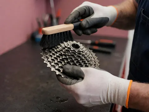 Une main portant un gant nettoie le cassette d'un vélo avec une brosse dans un atelier aux murs roses.