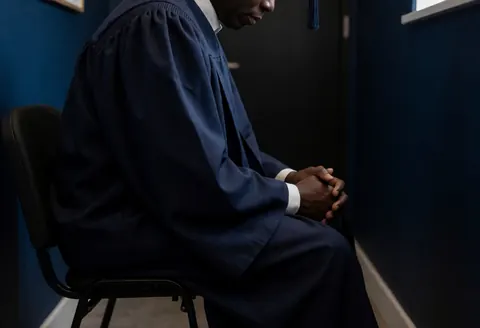 Un diplômé portant une toge est assis sur une chaise dans un espace aux murs bleu foncé avec une lumière dramatique créant une ambiance réfléchie.