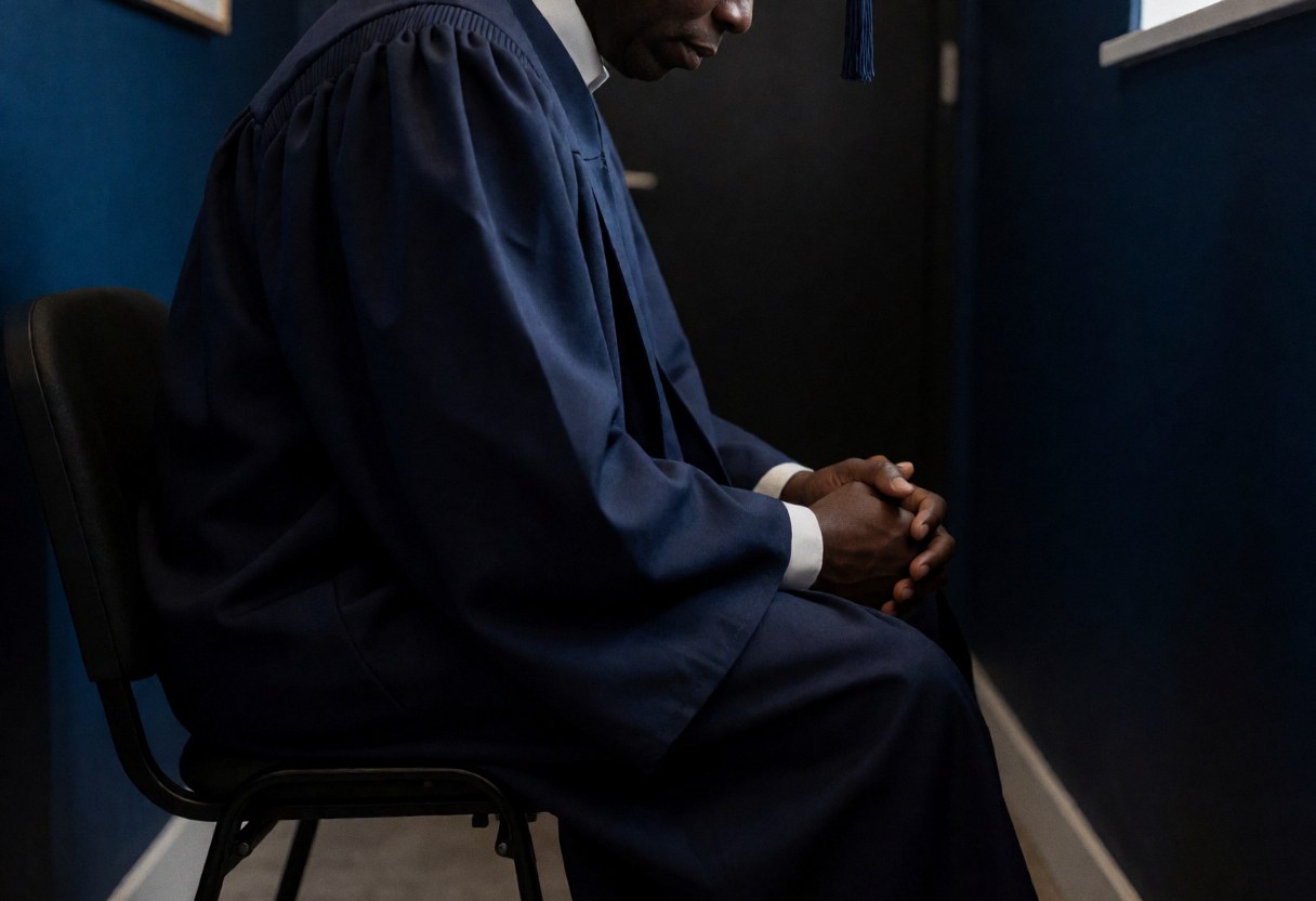 Un diplômé portant une toge est assis sur une chaise dans un espace aux murs bleu foncé avec une lumière dramatique créant une ambiance réfléchie.