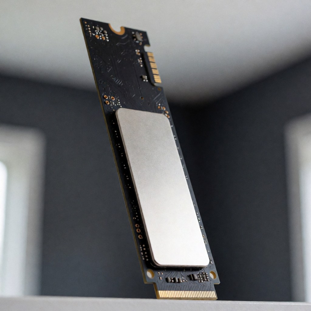 Disque dur SSD M.2 NVMe noir équipé d'un dissipateur thermique argenté, circuit imprimé visible et connecteurs dorés sur fond gris foncé.
