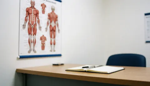 Bureau en bois avec carnet ouvert et chaise bleue devant un mur blanc orné d'un diagramme musculaire anatomique pour évaluation professionnelle.