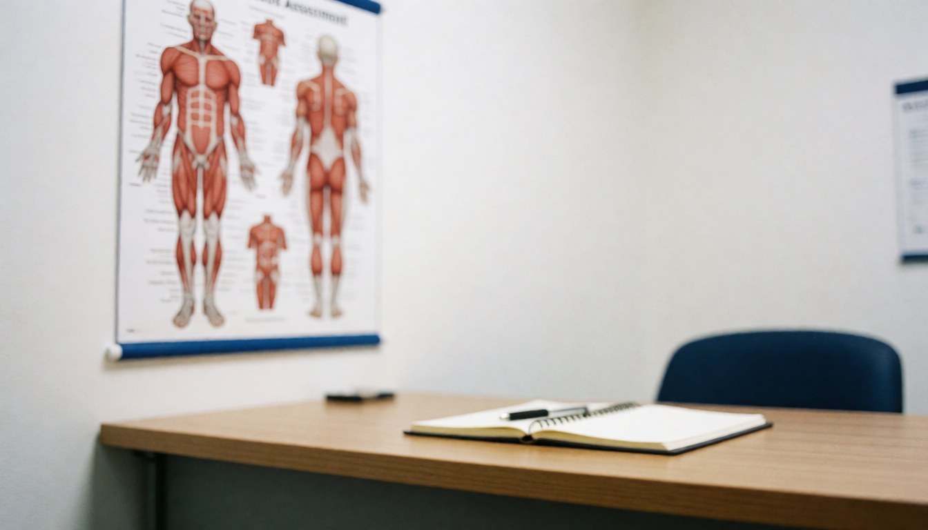Bureau en bois avec carnet ouvert et chaise bleue devant un mur blanc orné d'un diagramme musculaire anatomique pour évaluation professionnelle.