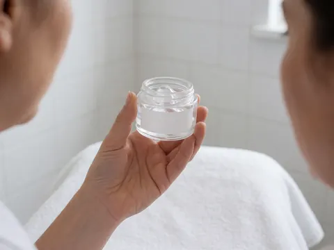 Une main tenant un contenant en gel clair sur fond de carreaux blancs, évoquant soin et hydratation cutanée.