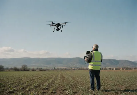 Un opérateur portant un gilet de sécurité manœuvre un drone professionnel dans un champ agricole, avec des montagnes en arrière-plan, illustrant un service de photographie aérienne.