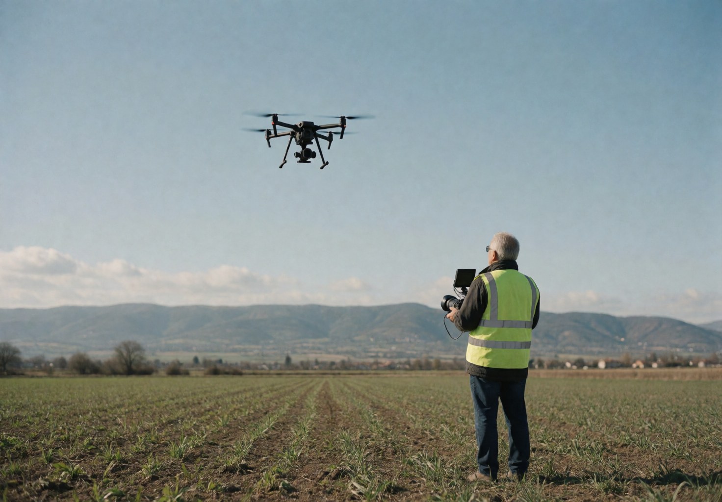 Un opérateur portant un gilet de sécurité manœuvre un drone professionnel dans un champ agricole, avec des montagnes en arrière-plan, illustrant un service de photographie aérienne.