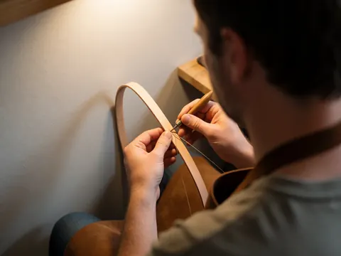 Mains d'un artisan coudant du cuir avec précision à l'aide d'une aiguille et d'un fil, dans un atelier éclairé par une lumière chaude sur fond gris clair.