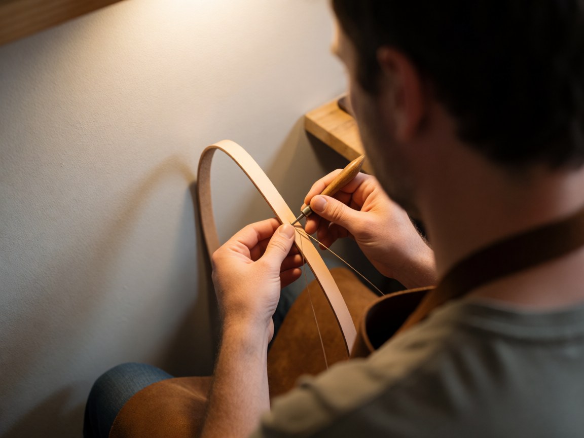 Mains d'un artisan coudant du cuir avec précision à l'aide d'une aiguille et d'un fil, dans un atelier éclairé par une lumière chaude sur fond gris clair.